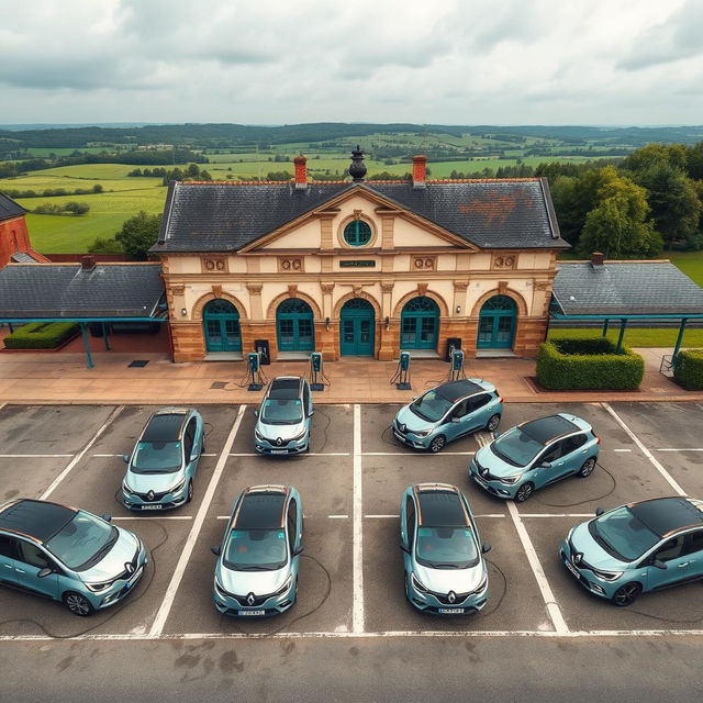 Aerial view of eight electric Renault cars plugged into charging terminals, neatly arranged in a parking lot in front of a French train station located in the countryside