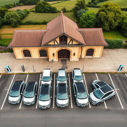 Aerial view of eight electric Renault cars plugged into charging terminals, neatly arranged in a parking lot in front of a French train station located in the countryside