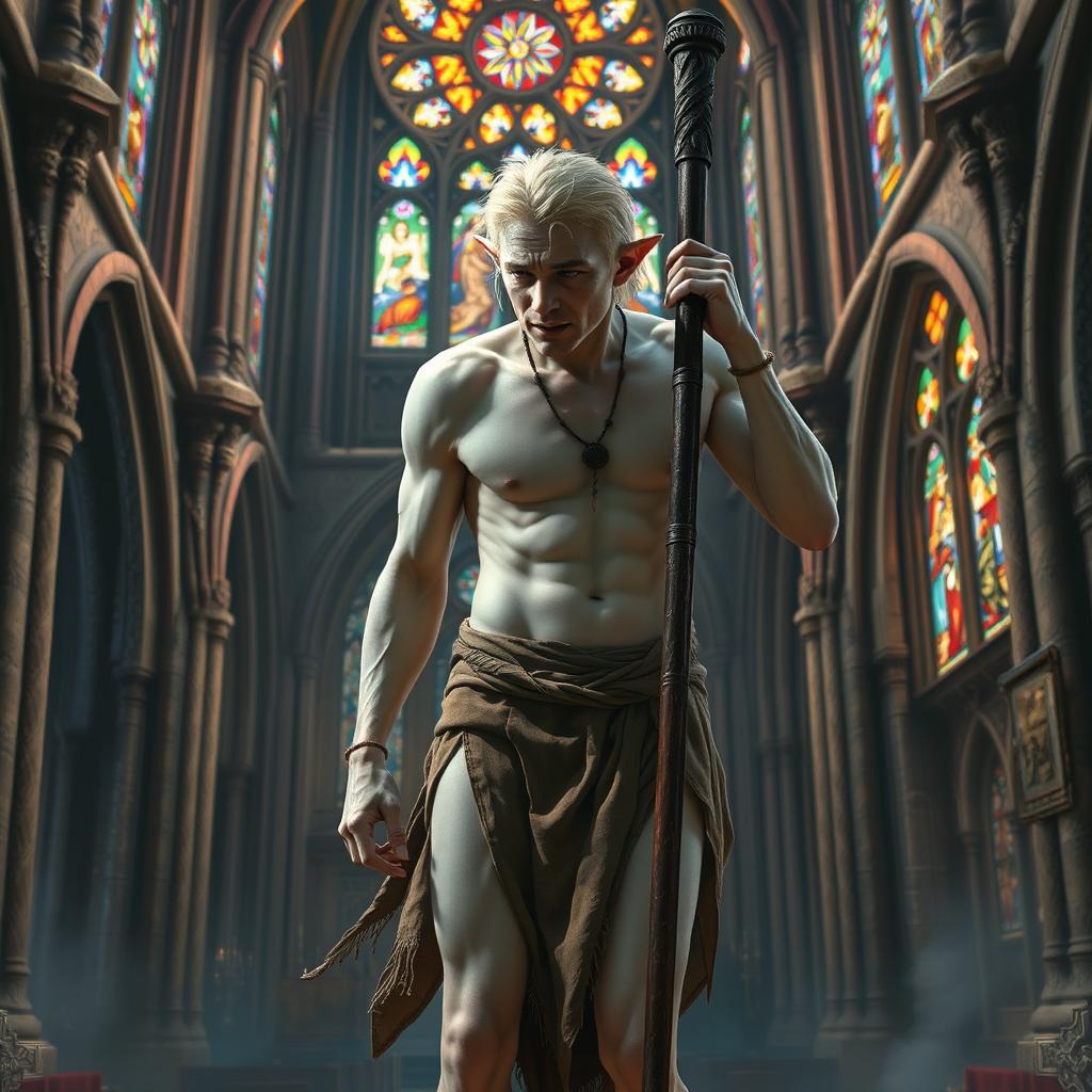 In the hallowed confines of a medieval church, a male elf with white skin and short, spiky blonde hair stands