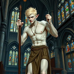 In the hallowed confines of a medieval church, a male elf with white skin and short, spiky blonde hair stands