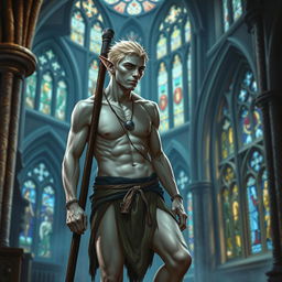 In the hallowed confines of a medieval church, a male elf with white skin and short, spiky blonde hair stands