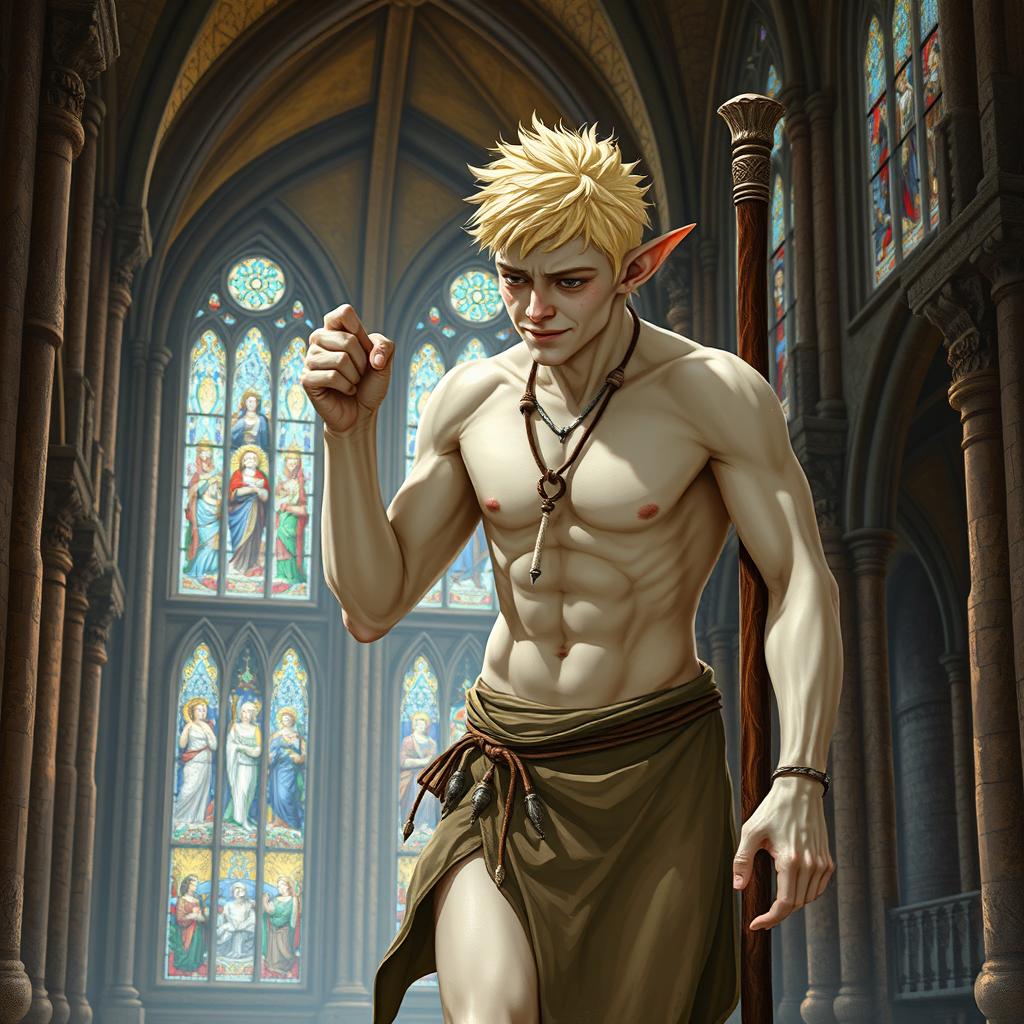 In the hallowed confines of a medieval church, a male elf with white skin and short, spiky blonde hair stands