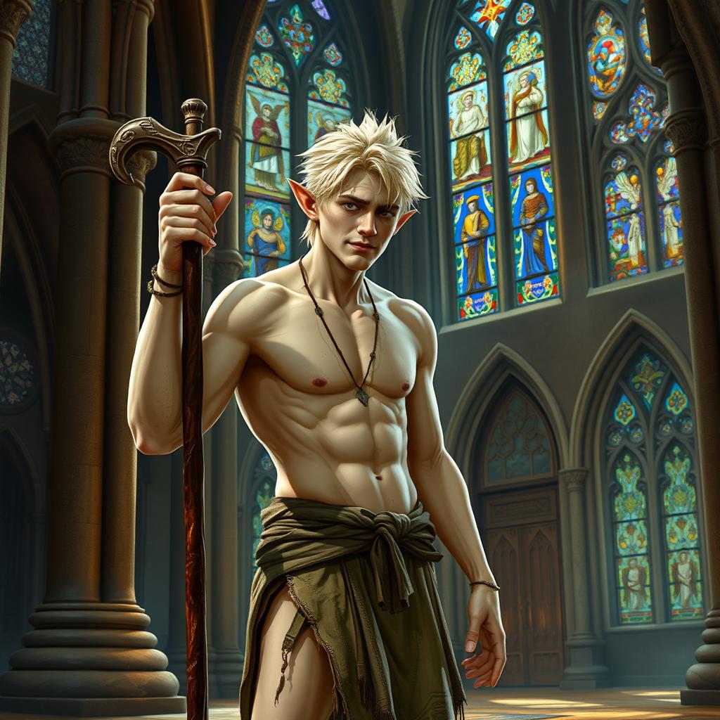 In the sacred and ancient environment of a medieval church, a male elf with fair, white skin and short, spiky blonde hair finds himself