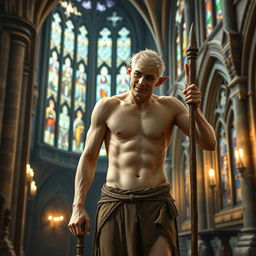 In the sacred and ancient environment of a medieval church, a male elf with fair, white skin and short, spiky blonde hair finds himself