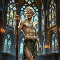 In the sacred and ancient environment of a medieval church, a male elf with fair, white skin and short, spiky blonde hair finds himself