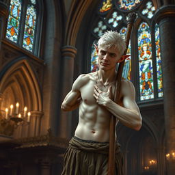 In the sacred and ancient environment of a medieval church, a male elf with fair, white skin and short, spiky blonde hair finds himself