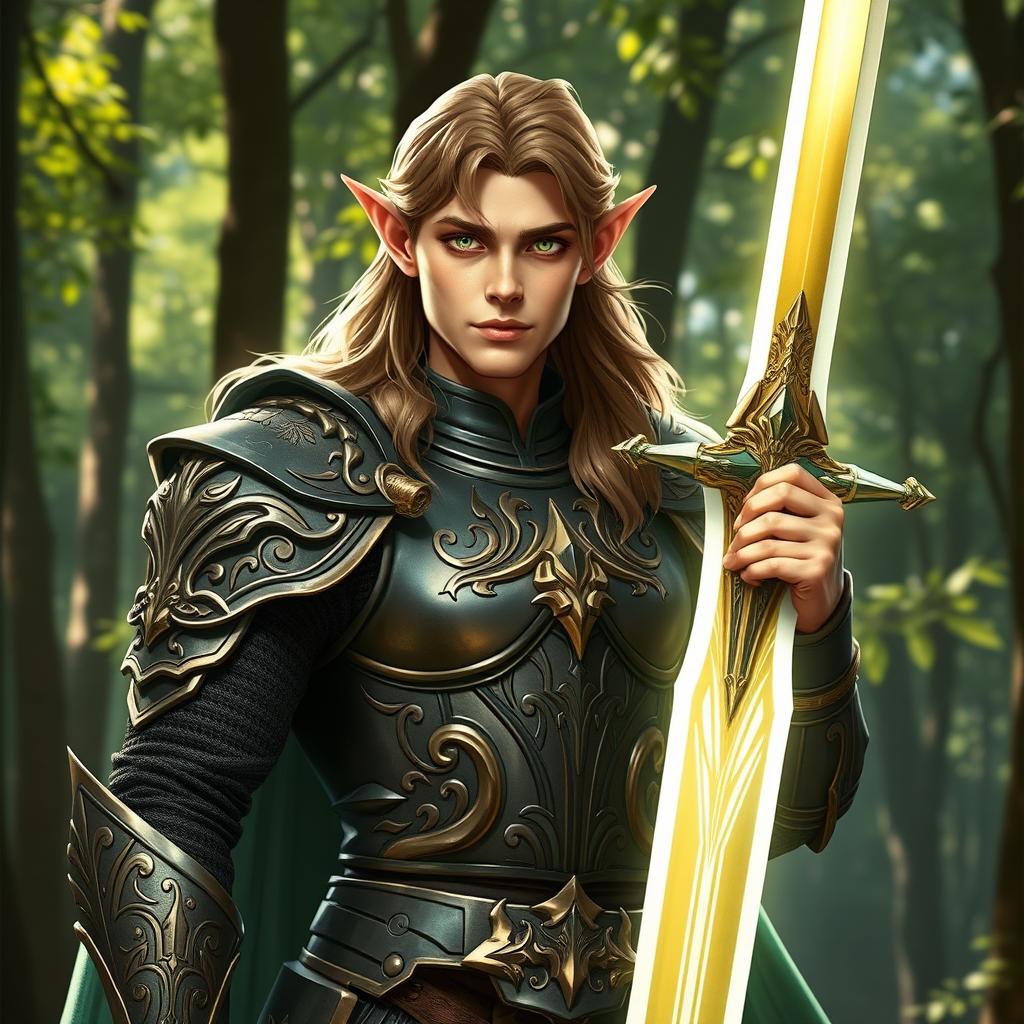 A noble male half-elf paladin, exuding strength and nobility