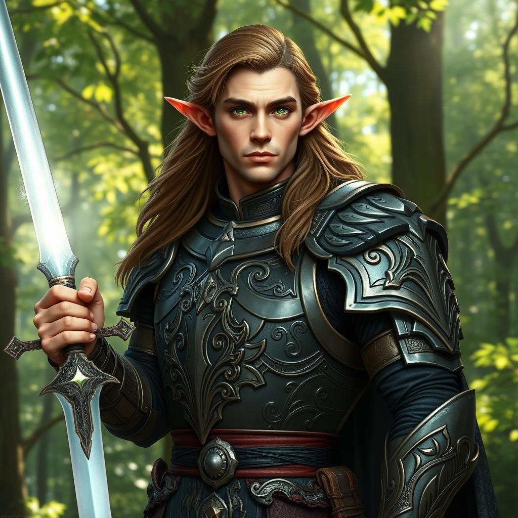 A noble male half-elf paladin, exuding strength and nobility