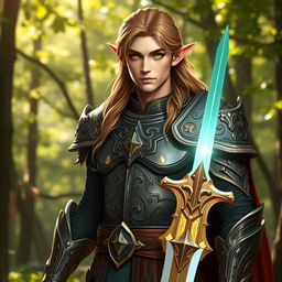 A noble male half-elf paladin, exuding strength and nobility