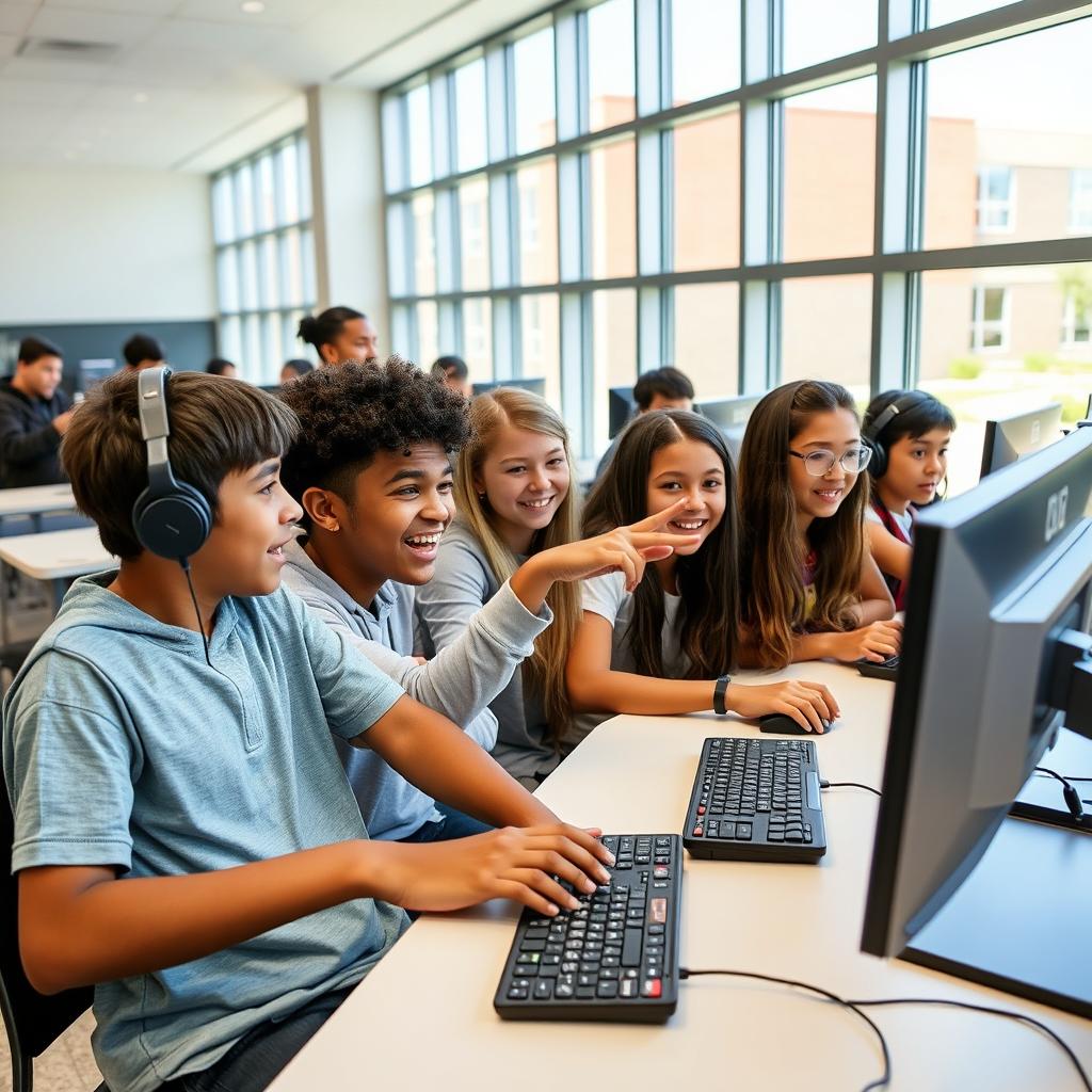 A group of high school students enthusiastically playing Minecraft 1