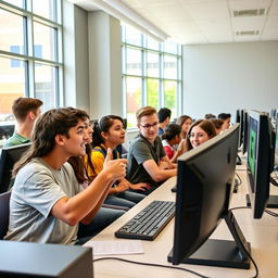 A group of high school students enthusiastically playing Minecraft 1