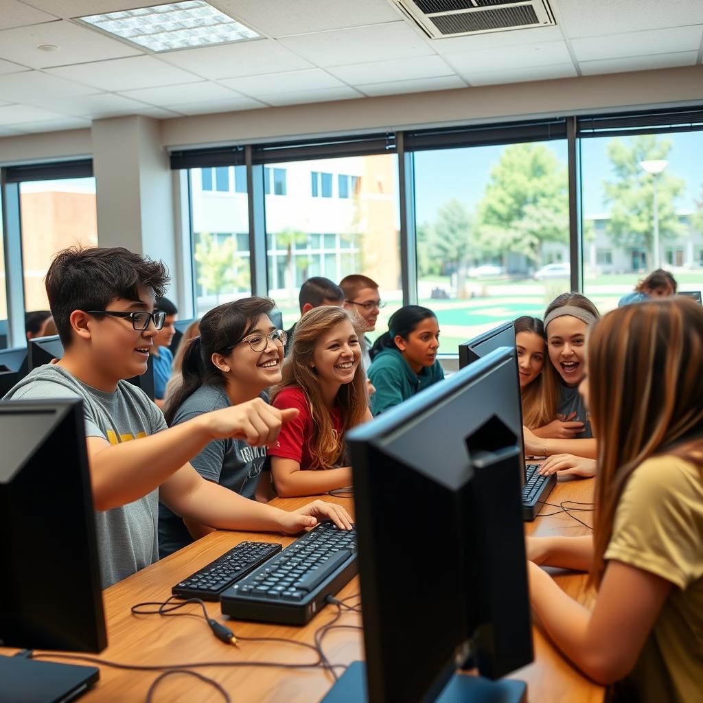 A group of high school students enthusiastically playing Minecraft 1