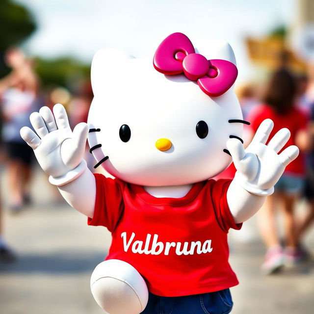 Hello Kitty wearing a vibrant red t-shirt with the text "Valbruna" prominently displayed