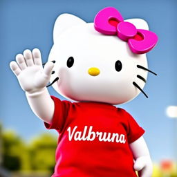 Hello Kitty wearing a vibrant red t-shirt with the text "Valbruna" prominently displayed