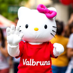 Hello Kitty wearing a vibrant red t-shirt with the text "Valbruna" prominently displayed