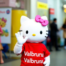 Hello Kitty wearing a vibrant red t-shirt with the text "Valbruna" prominently displayed