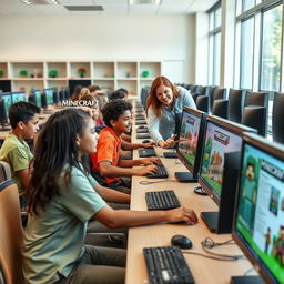 A diverse group of high school students sitting at a row of computers in a bright and modern school computer lab, exploring the official Minecraft website