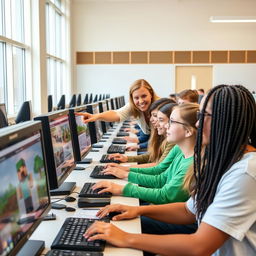 A diverse group of high school students sitting at a row of computers in a bright and modern school computer lab, exploring the official Minecraft website