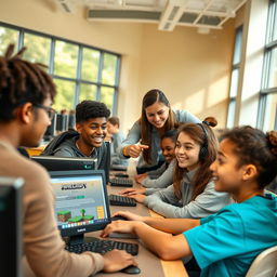 A diverse group of high school students sitting at a row of computers in a bright and modern school computer lab, exploring the official Minecraft website