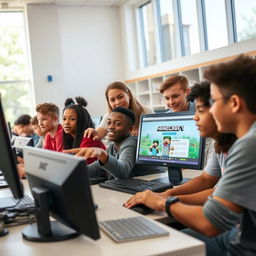 A diverse group of high school students sitting at a row of computers in a bright and modern school computer lab, exploring the official Minecraft website