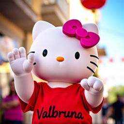 Hello Kitty wearing a vibrant red t-shirt with the text "Valbruna" prominently displayed