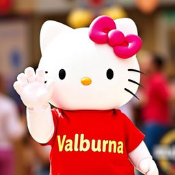 Hello Kitty wearing a vibrant red t-shirt with the text "Valbruna" prominently displayed