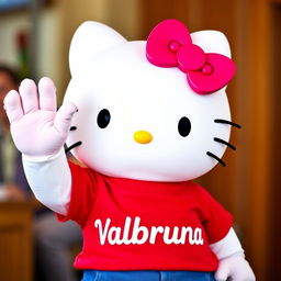 Hello Kitty wearing a vibrant red t-shirt with the text "Valbruna" prominently displayed