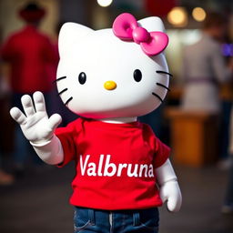 Hello Kitty wearing a vibrant red t-shirt with the text "Valbruna" prominently displayed