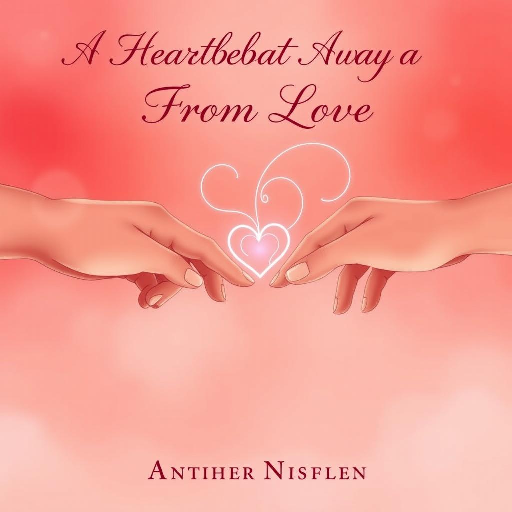 A romantic book cover illustration depicting a close-up of two hands reaching towards each other, almost touching but separated by a faint, glowing heart symbol in between