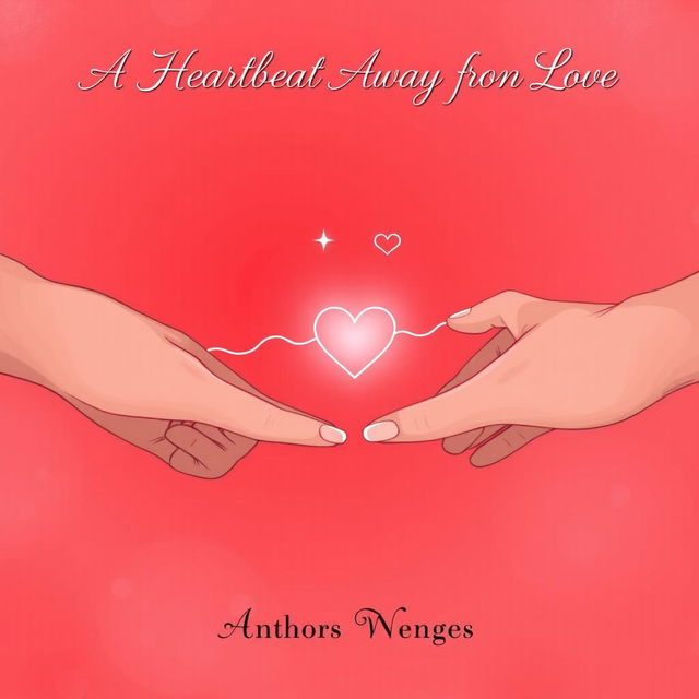 A romantic book cover illustration depicting a close-up of two hands reaching towards each other, almost touching but separated by a faint, glowing heart symbol in between