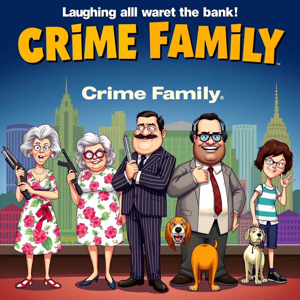 A vibrant and eye-catching movie poster for the comedy film 'Crime Family', depicting a whimsical and humorous take on the life of a crime family in Pittsburgh