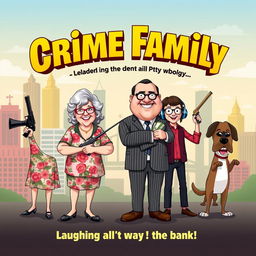 A vibrant and eye-catching movie poster for the comedy film 'Crime Family', depicting a whimsical and humorous take on the life of a crime family in Pittsburgh