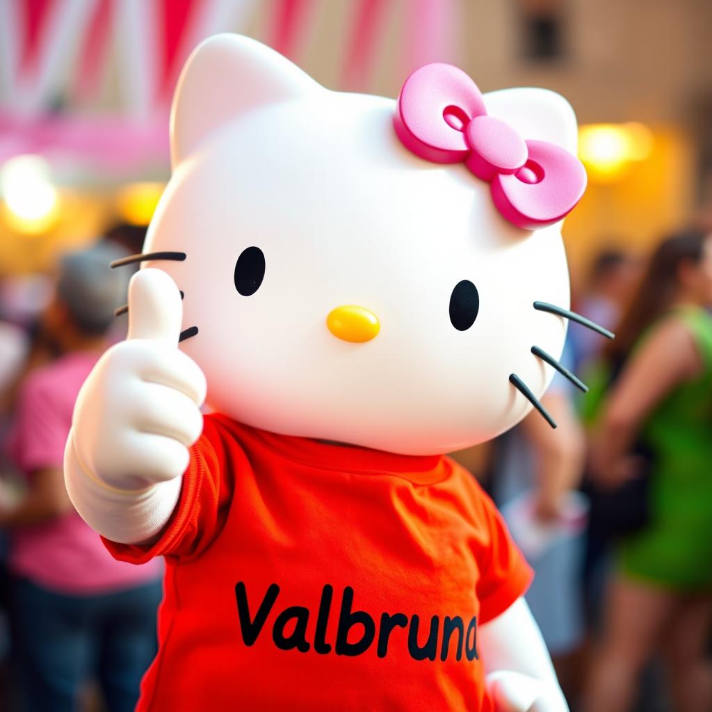 Hello Kitty wearing a vibrant red t-shirt with the text "Valbruna" prominently displayed