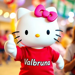 Hello Kitty wearing a vibrant red t-shirt with the text "Valbruna" prominently displayed