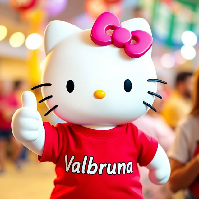 Hello Kitty wearing a vibrant red t-shirt with the text "Valbruna" prominently displayed