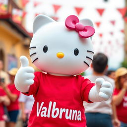 Hello Kitty wearing a vibrant red t-shirt with the text "Valbruna" prominently displayed