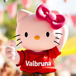 Hello Kitty wearing a vibrant red t-shirt with the text "Valbruna" prominently displayed