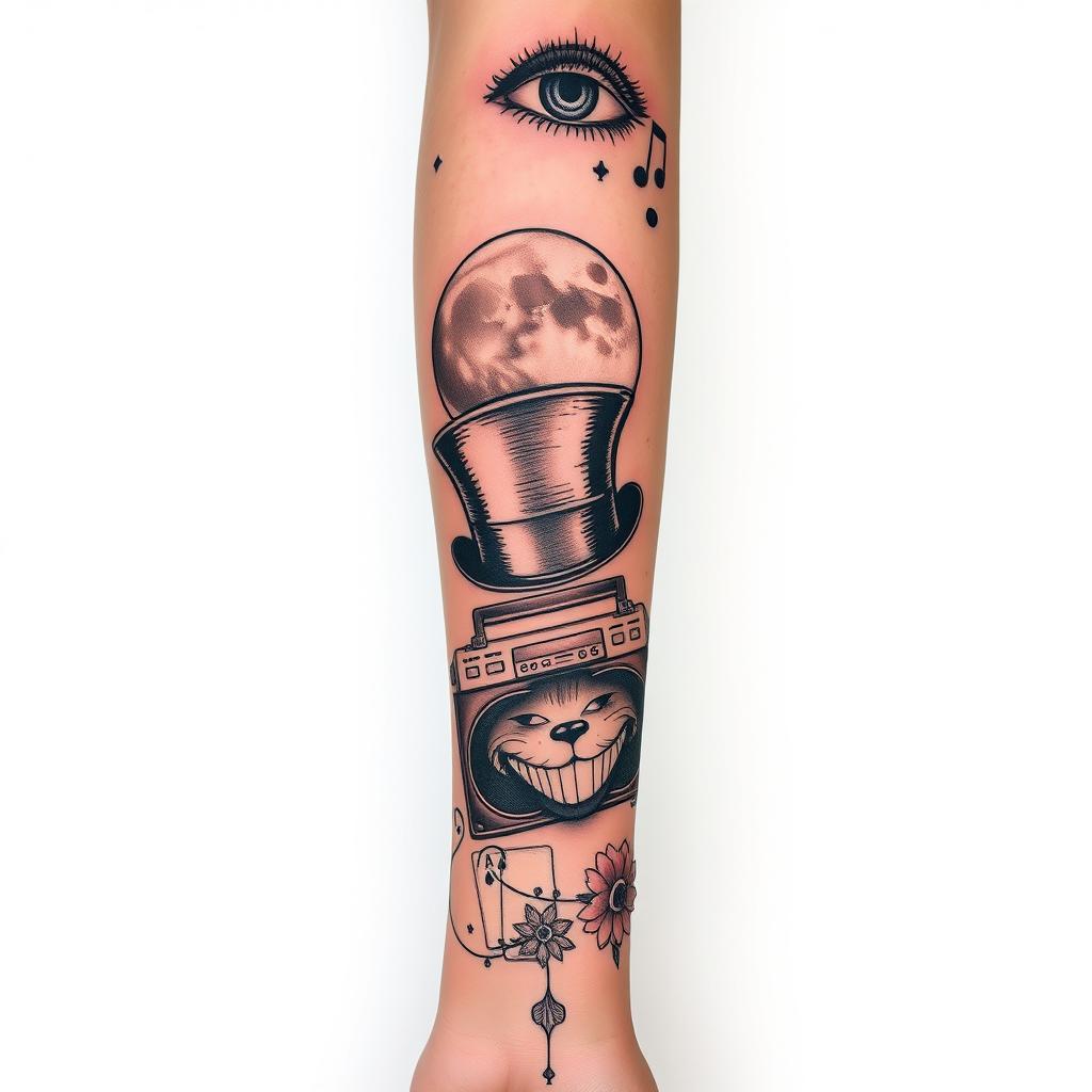 A full sleeve tattoo design on the forearm, featuring a full moon wearing a Mad Hatter's top hat on the inner part of the arm