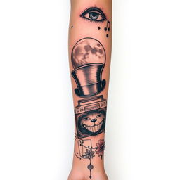 A full sleeve tattoo design on the forearm, featuring a full moon wearing a Mad Hatter's top hat on the inner part of the arm