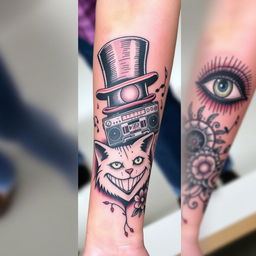 A full sleeve tattoo design on the forearm, featuring a full moon wearing a Mad Hatter's top hat on the inner part of the arm