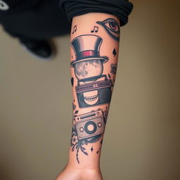 A full sleeve tattoo design on the forearm, featuring a full moon wearing a Mad Hatter's top hat on the inner part of the arm