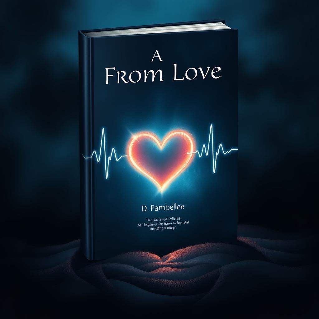 A dramatic and atmospheric book cover illustration with a dark background in deep blues and blacks, featuring a glowing, central heart symbol surrounded by delicate, pulsating lines representing a heartbeat