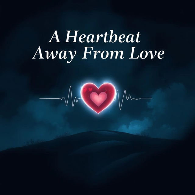 A dramatic and atmospheric book cover illustration with a dark background in deep blues and blacks, featuring a glowing, central heart symbol surrounded by delicate, pulsating lines representing a heartbeat