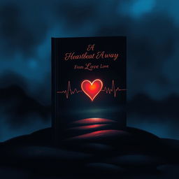 A dramatic and atmospheric book cover illustration with a dark background in deep blues and blacks, featuring a glowing, central heart symbol surrounded by delicate, pulsating lines representing a heartbeat