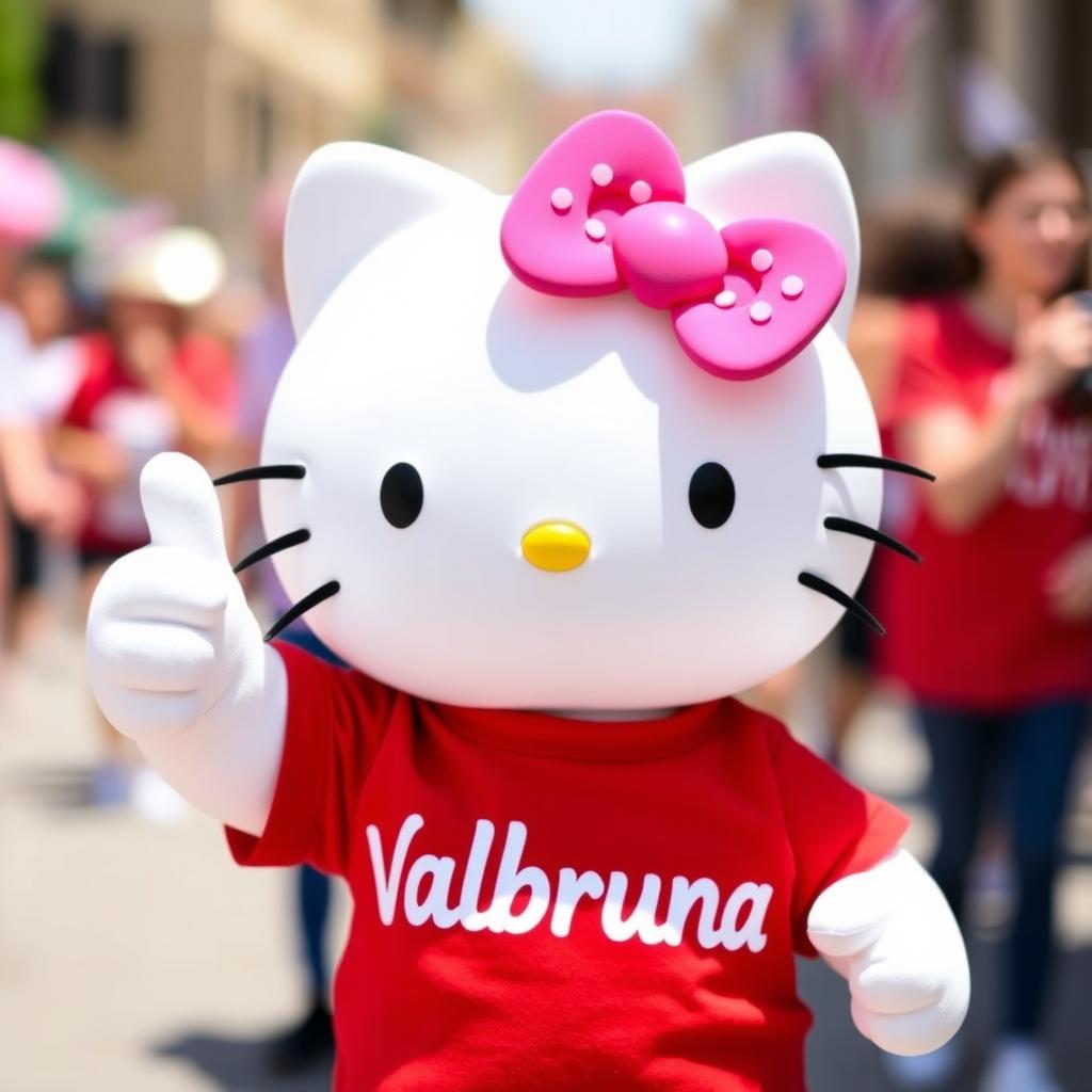 Hello Kitty wearing a vibrant red t-shirt with the text "Valbruna" prominently displayed