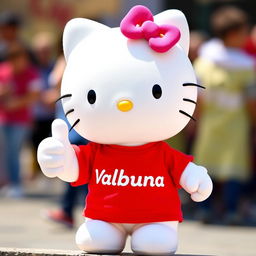 Hello Kitty wearing a vibrant red t-shirt with the text "Valbruna" prominently displayed