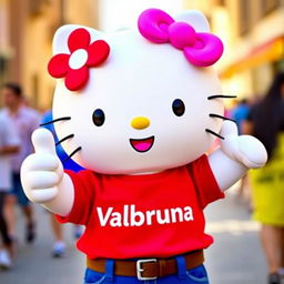 Hello Kitty wearing a vibrant red t-shirt with the text "Valbruna" prominently displayed