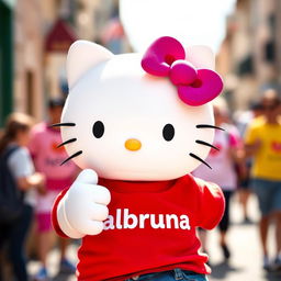 Hello Kitty wearing a vibrant red t-shirt with the text "Valbruna" prominently displayed