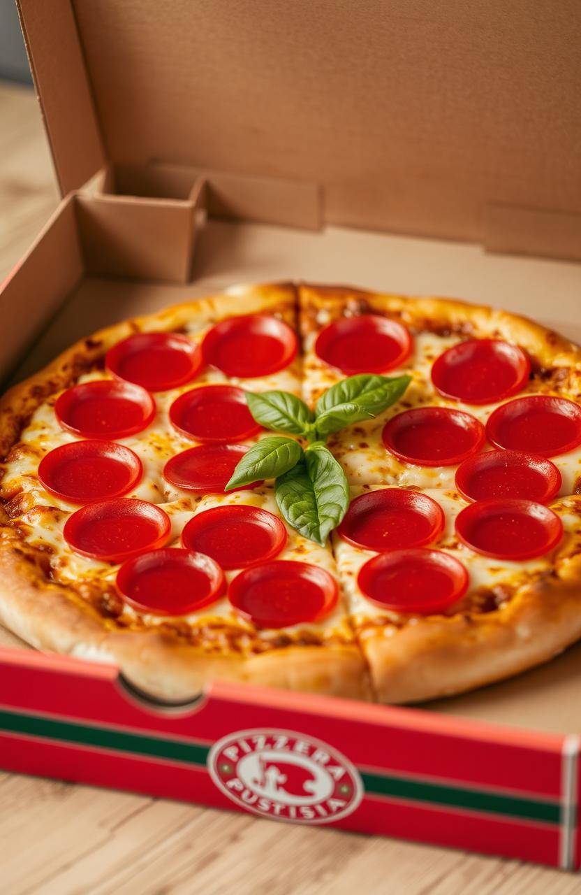 A detailed close-up of an open pizza box with a delicious pepperoni pizza inside