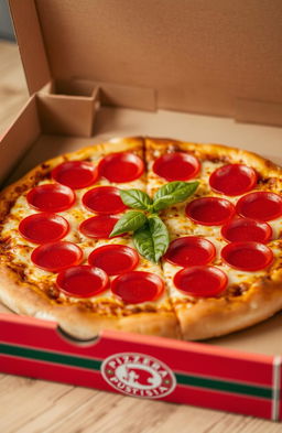 A detailed close-up of an open pizza box with a delicious pepperoni pizza inside